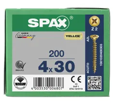 Spax Pozi Drive Countersunk Z2 Yellow Wood Screws, 4.0 x 30mm, Box of 200