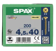 Spax Pozi Drive Countersunk Z2 Yellow Wood Screws, 4.5 x 40mm, Box of 200