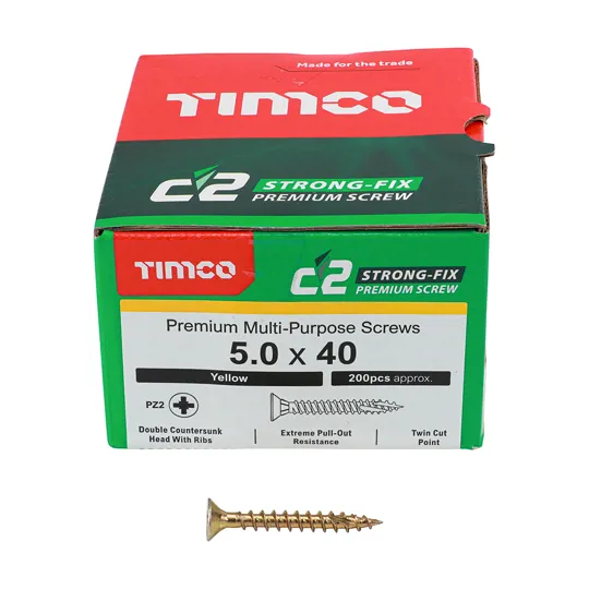 TIMco Yellow Zinc Pozi C2 Screws 5.0 x 40mm Box of 200