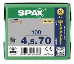 Spax Pozi Drive Countersunk Z2 Yellow Wood Screws, 4.5 x 70mm, Box of 100