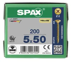 Spax Pozi Drive Countersunk Z2 Yellow Wood Screws, 5.0 x 50mm, Box of 200