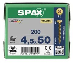 Spax Pozi Drive Countersunk Z2 Yellow Wood Screws, 4.5 x 50mm, Box of 200