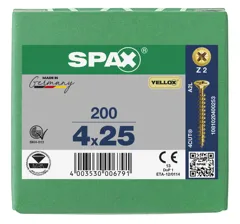Spax Pozi Drive Countersunk Z2 Yellow Wood Screws, 4.0 x 25mm, Box of 200