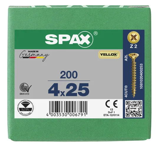 Spax Yellox Screw Full Thread 4.0 x 25mm Box of 200