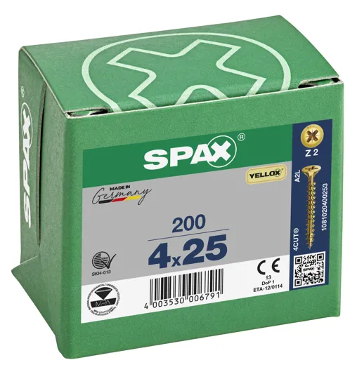 Spax Yellox Screw Full Thread 4.0 x 25mm Box of 200