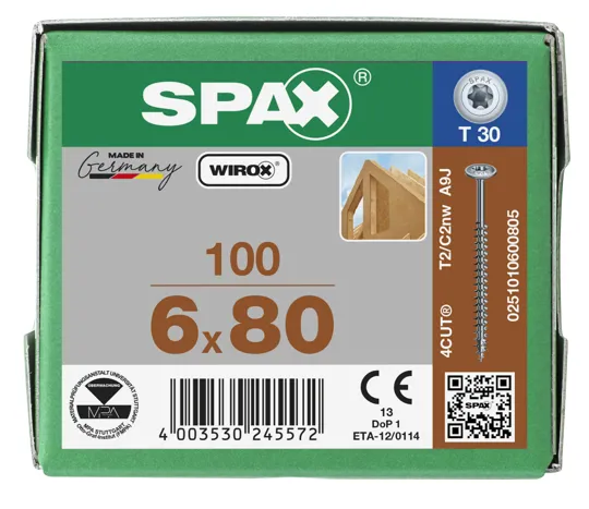 Spax Wirox Head Zinc Nickel 6.0 x 80mm Box of 100