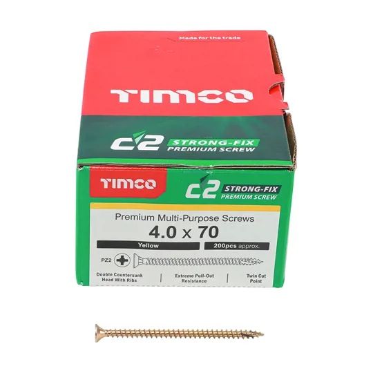 TIMco Yellow Zinc Pozi C2 Screws 4.0 x 70mm Box of 200
