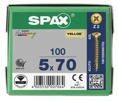 Spax Pozi Drive Countersunk Z2 Yellow Wood Screws, 5.0 x 70mm, Box of 100