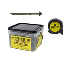 Forgefix SPETF100GT Spectre Timberfix Screws, 6.3 x 100mm, Tub of 380 + Free Tape Measure