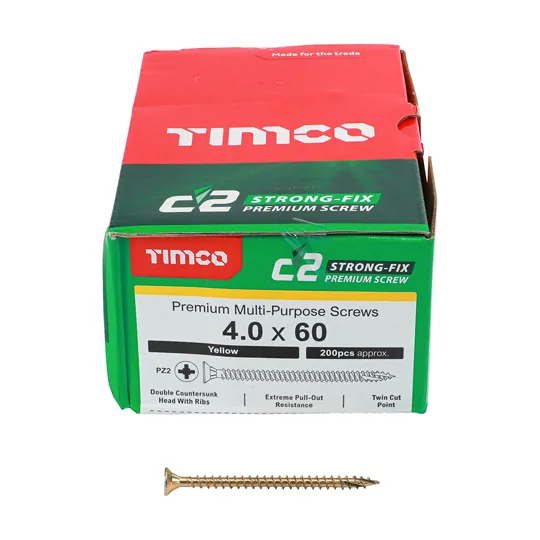 TIMco Yellow Zinc Pozi C2 Screws 4.0 x 60mm Box of 200