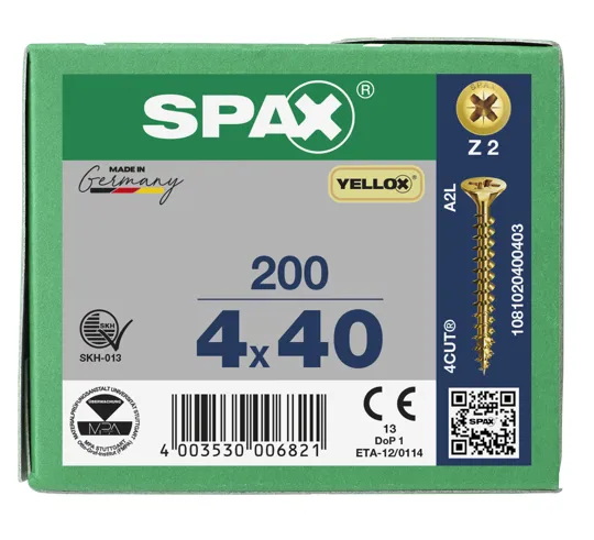 Spax Yellox Screw Full Thread 4.0 x 40mm Box of 200
