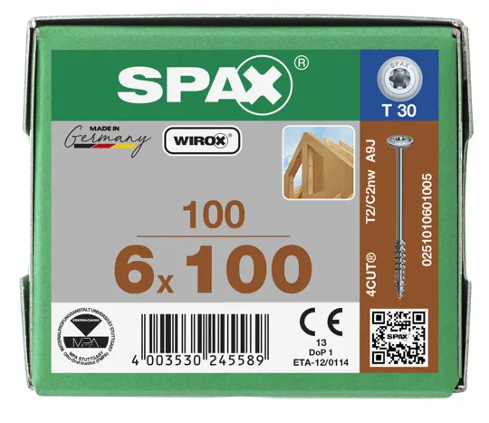 Spax Wirox Head Zinc Nickel 6.0 x 100mm Box of 100