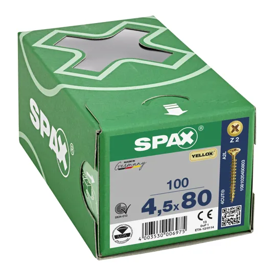 Spax Yellox Screw Full Thread 4.5 x 80mm Box of 100