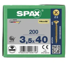 Spax Pozi Drive Countersunk Z2 Yellow Wood Screws, 3.5 x 40mm, Box of 200