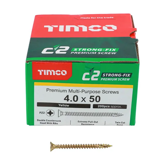 TIMco Yellow Zinc Pozi C2 Screws 4.0 x 50mm Box of 200