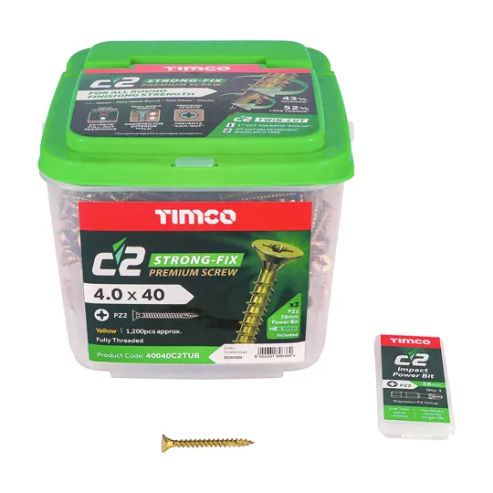TIMco Yellow Zinc Pozi C2 Screws 4.0 x 40mm Tub of 1200