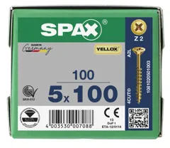 Spax Pozi Drive Countersunk Z2 Yellow Wood Screws, 5.0 x 100mm, Box of 100