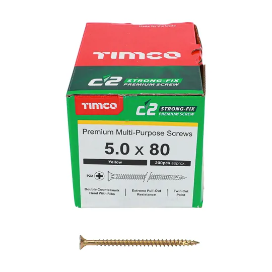 TIMco Yellow Zinc Pozi C2 Screws 5.0 x 80mm Box of 200