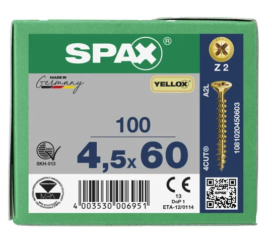 Spax Yellox Screw Full Thread 4.5 x 60mm Box of 100