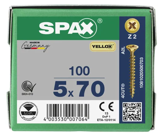 Spax Yellox Screw Full Thread 5.0 x 70mm Box of 100