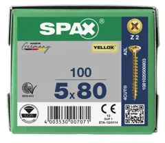 Spax Pozi Drive Countersunk Z2 Yellow Wood Screws, 5.0 x 80mm, Box of 100