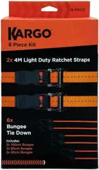 Kargo 8 Piece Tie-Down Kit - 2x Light Duty Straps & 6x Bungees