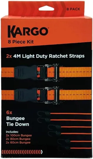 Kargo 2x Light Duty Straps & 6x Bungees, 8pc Set 